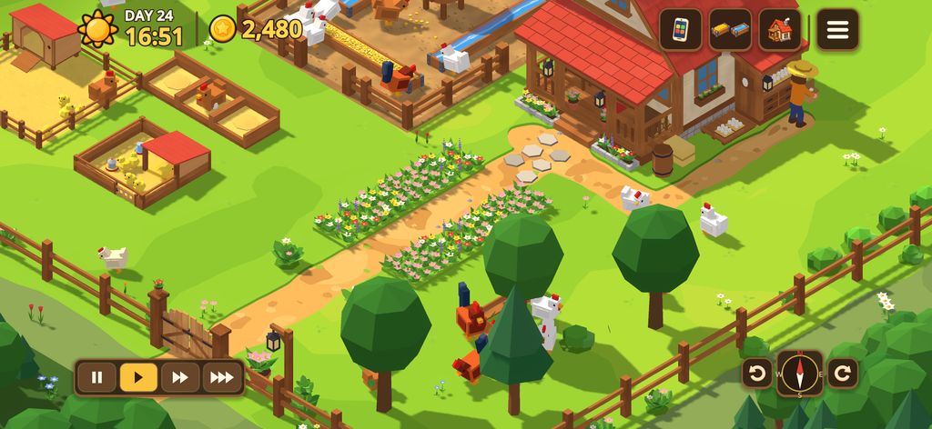 The garden in the afternoon: a path lined with flower beds leads to the red farmhouse, and hens rest under the trees.